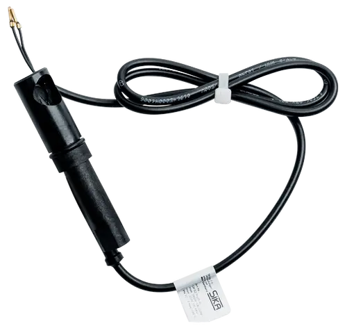 Flowswitch mit schwarzem Gehäuse und Kabel, für die horizontale Montage, verpackt mit einem Etikett der Marke Wolf für technische Informationen.